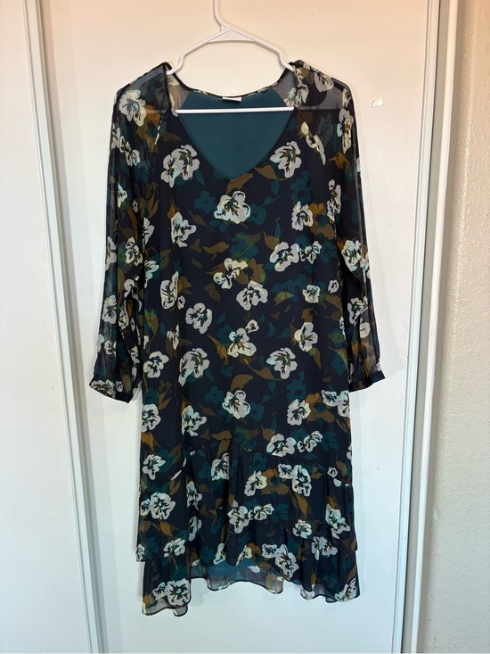 CAbi Dresses & Skirts - CAbi Pirouette‎ #3460 Ruffle Dress Floral Navy V Neck High Low Chiffon L